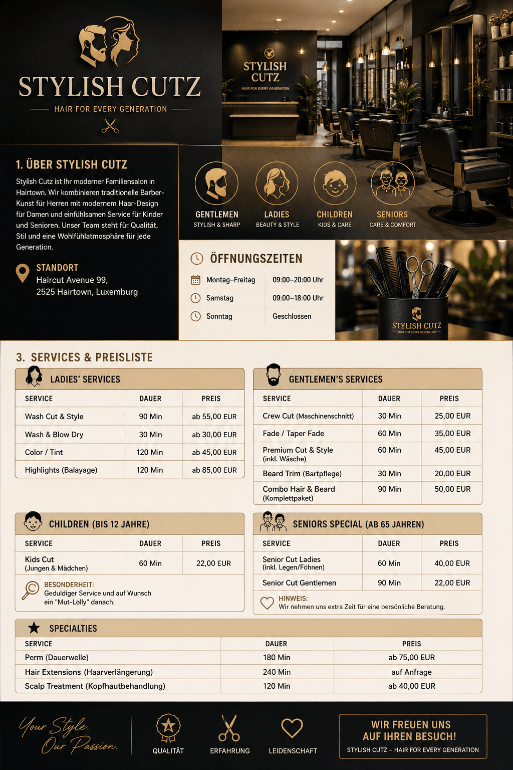 Stylish Cutz Servicekarte mit Preisen, Öffnungszeiten und Saloninformationen